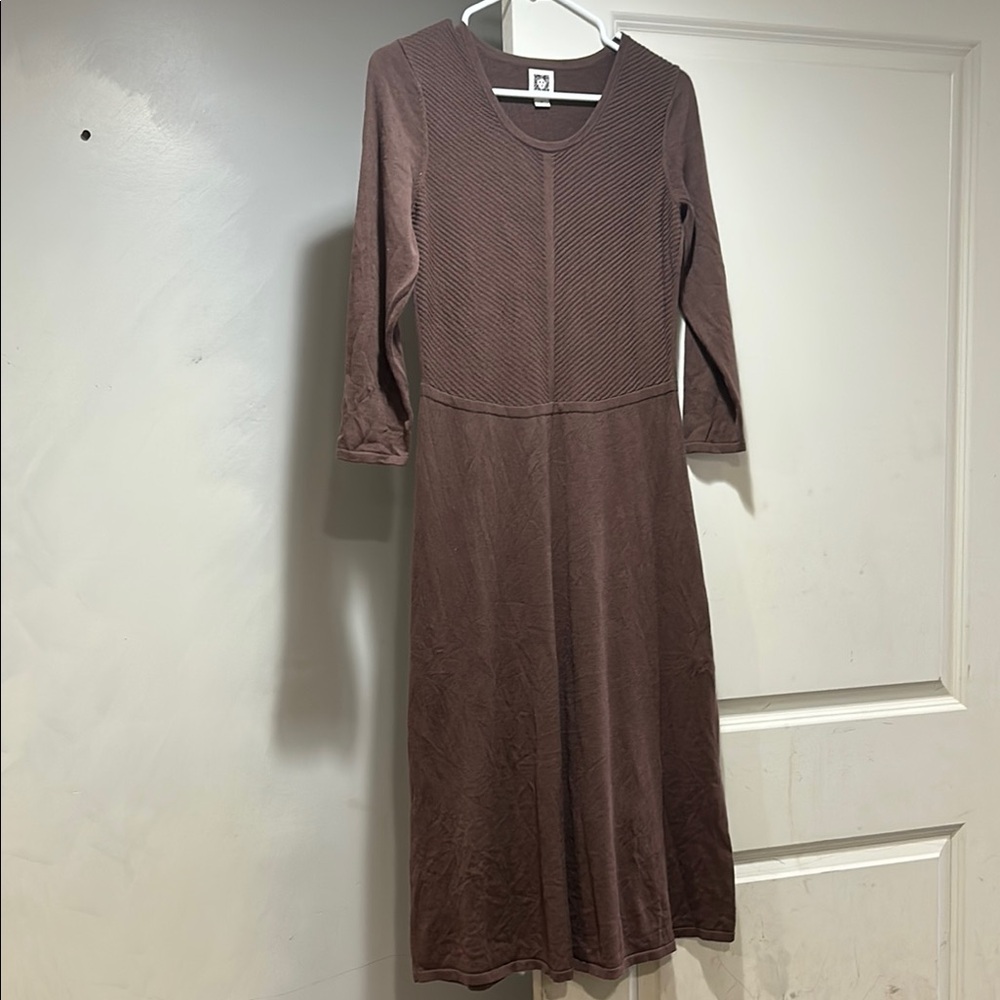Brown Long Sleeve Sheath Dress Crew Neck